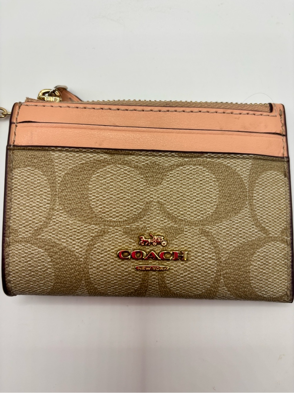 Coach Khaki Signature Canvas Wallet with Pink Trim